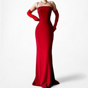Red Vintage Y2K 90s Knit Bodycon Sequin Formal Prom Side Slit Maxi Dress M